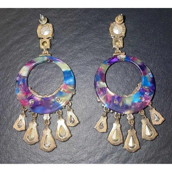 Colorful Rhinestone Drop Costume Circle Earrings - Picture 2 of 3